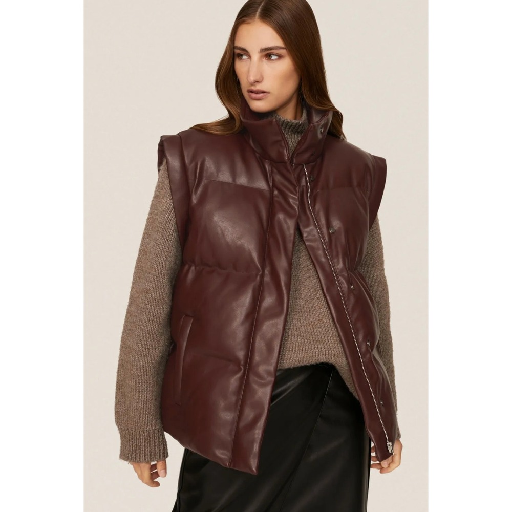 Peter Som Faux Leather Puffer Vest Burgundy Women's Size XL Stand Collar
